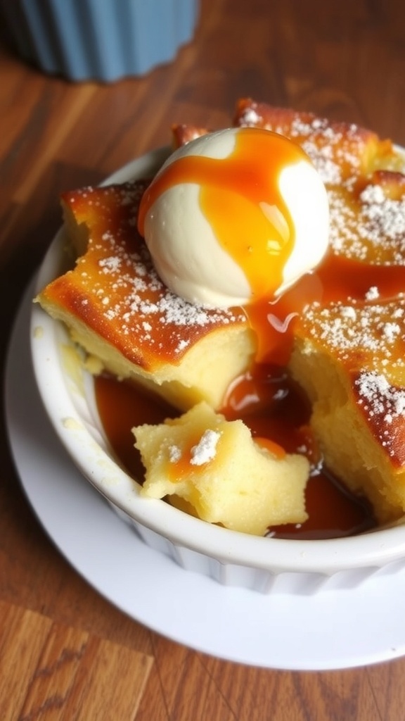 A delicious slice of bread pudding topped with powdered sugar and caramel sauce on a wooden table.